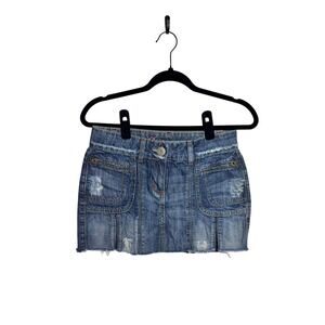 Vintage Bebe Denim Mini Skirt Distressed Y2K McBling Micro Skirt Size 27